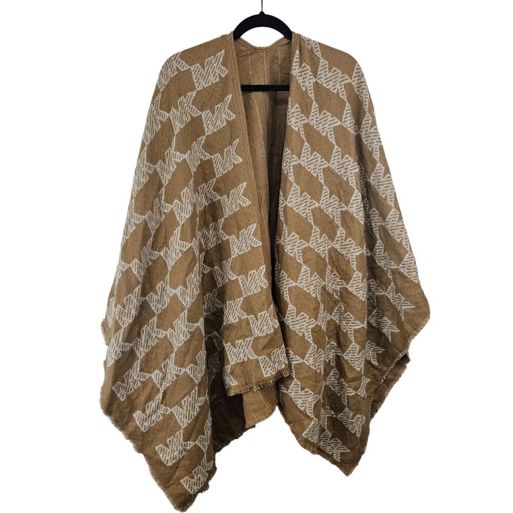 Vintage-Style Beige & White Geometric Knit Shawl Wrap